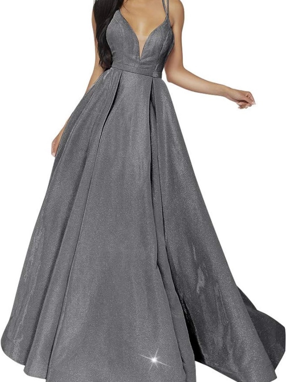 Elegant Grey Glitter A-Line Evening Dress Spaghetti VNeck